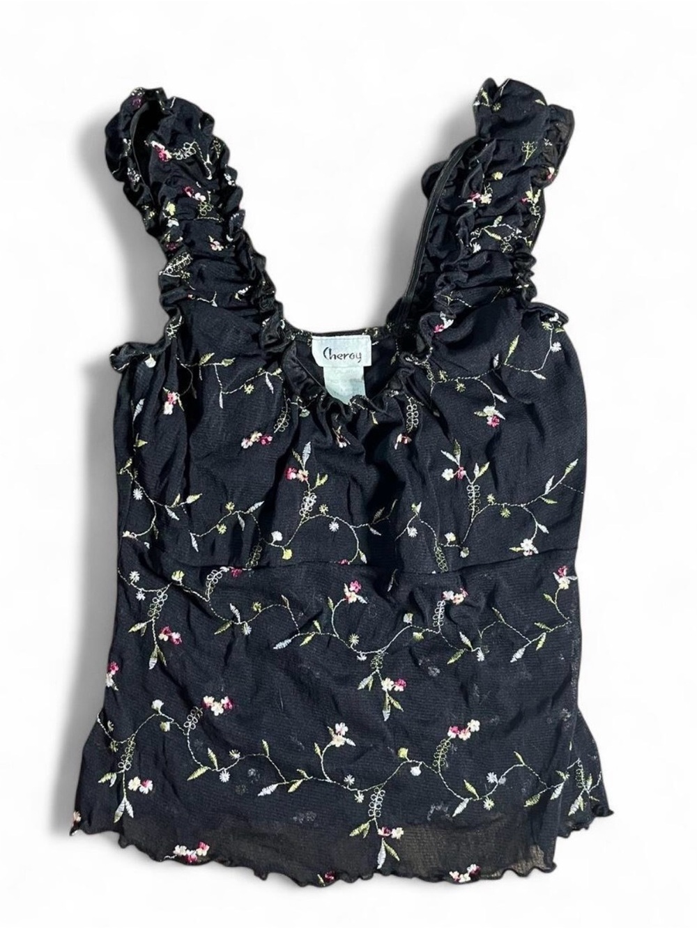 Vintage 90’s Cheroy Black Floral Ruffle-Trim Tank Top